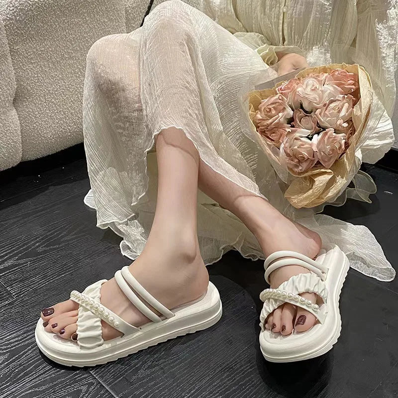 Korean Summer New Pearl Double Wear Thick Bottom Slippers for Women Fashionable and Versatile