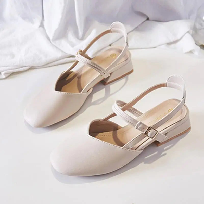 2025 New Women's Middle Heel Sandals Square Head Buckle Thick Heel Korean Edition Women's Sandals Hollow Women's Shoes