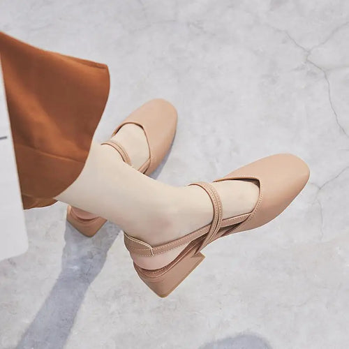 2025 New Women's Middle Heel Sandals Square Head Buckle Thick Heel Korean Edition Women's Sandals Hollow Women's Shoes