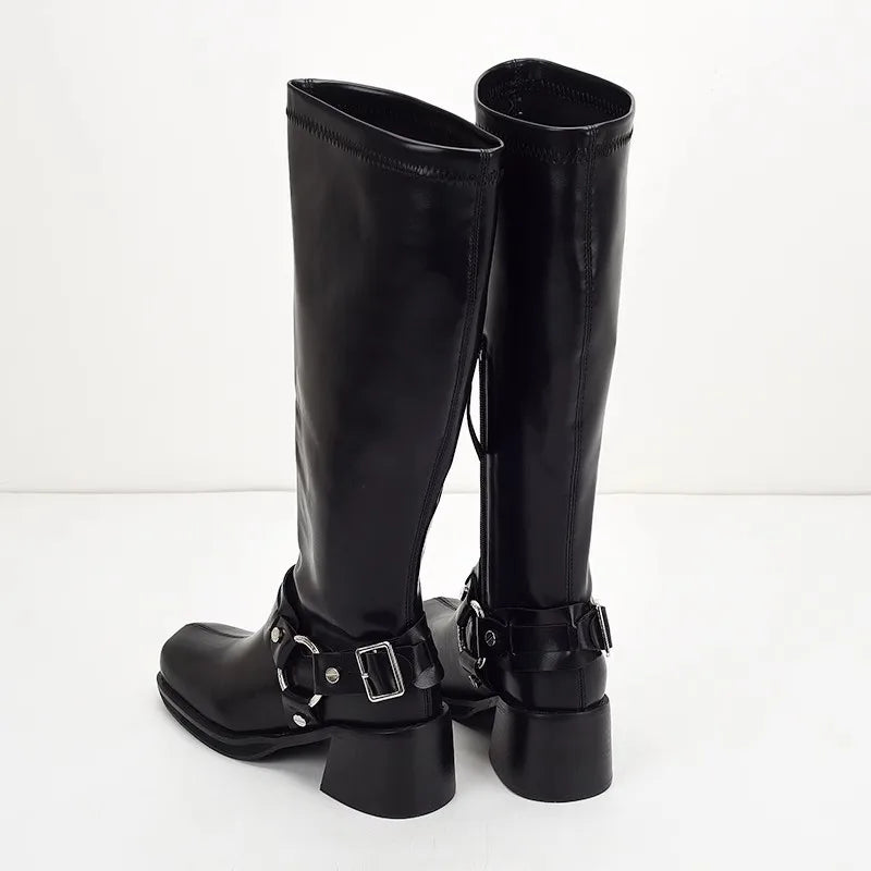 European and American Fashion Square Toe Belt Buckle Thick Heel High Heels Black Leather Face High Top Boots for Women