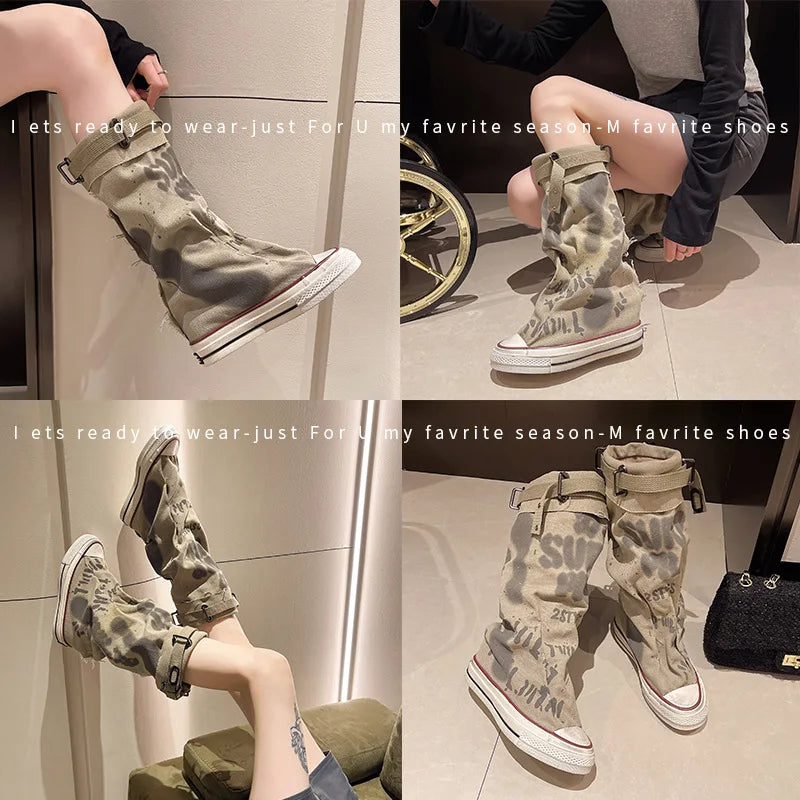 2025 New Retro Flat Bottom Graffiti Medium Tube Sexy Trendy Large Fashion Women's Boots