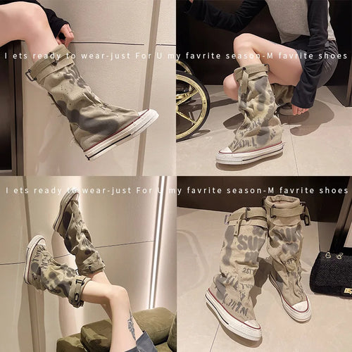2025 New Retro Flat Bottom Graffiti Medium Tube Sexy Trendy Large Fashion Women's Boots