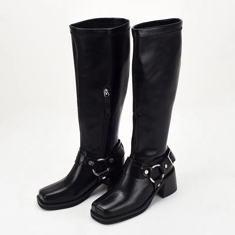 European and American Fashion Square Toe Belt Buckle Thick Heel High Heels Black Leather Face High Top Boots for Women