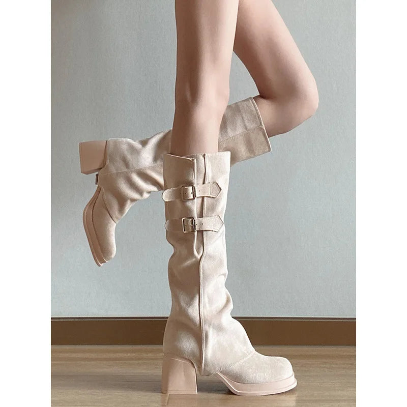 2026 Removable Long Boots Women's Apricot Round Head Waterproof Platform Thick Heel Belt Buckle Western Cowboy Boots