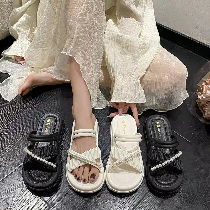Korean Summer New Pearl Double Wear Thick Bottom Slippers for Women Fashionable and Versatile